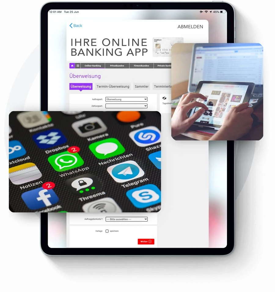 Tablet-Bildschirm mit Online-Banking-App, überlagert von Social-Media-Symbolen - perfekt für die Verwaltung von Digitaler Nachlass. - Bestattungsunternehmen in Winsen, Harburg und in der Elbmarsch.
